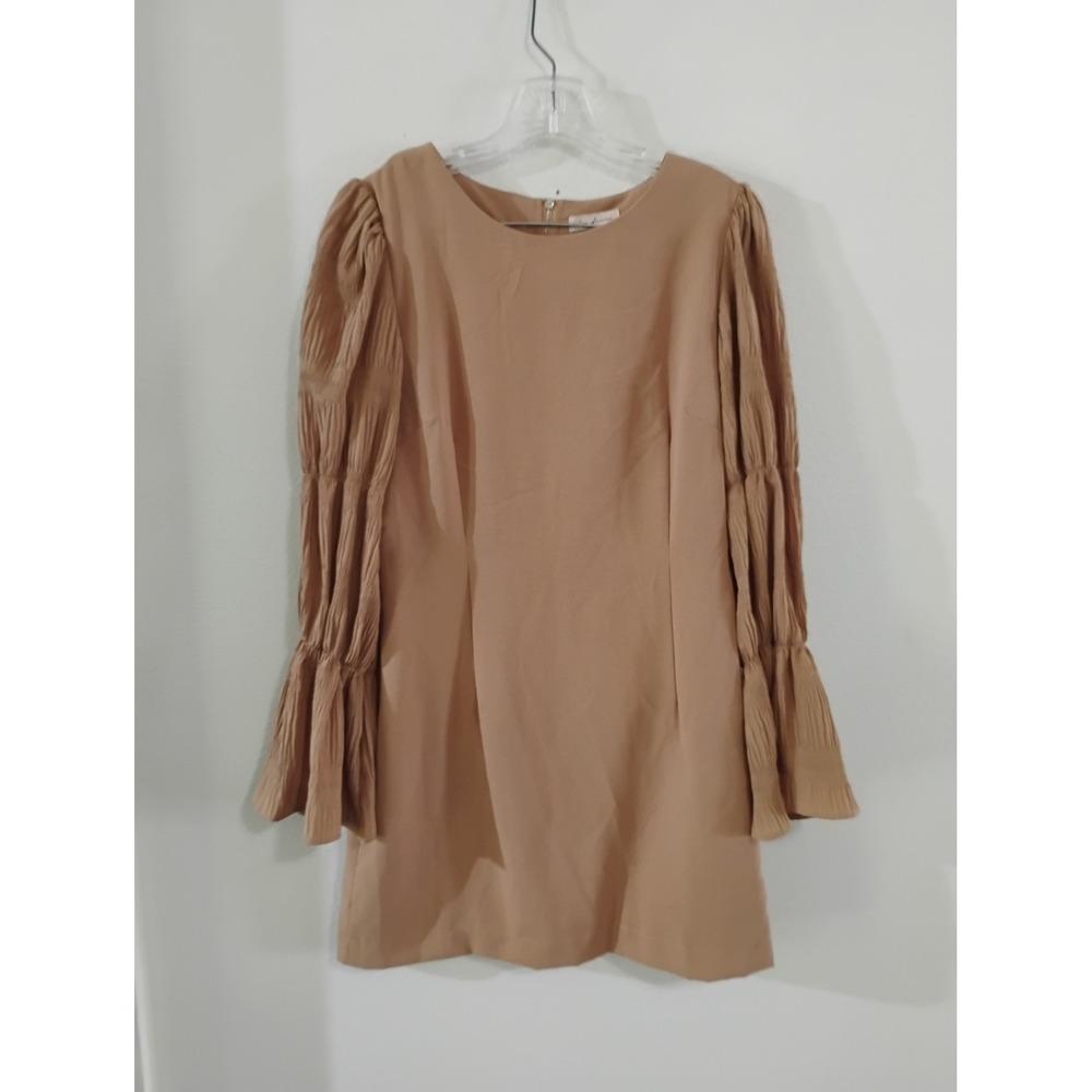 Ces Femme Tan Plissé Pleated Long Sleeve Mini Dress Small Camel Shift